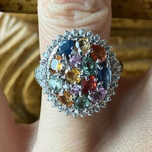 Natural Multi Color Sapphire Sterling Silver Cocktail Ring Size 7.25